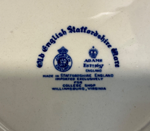 Vintage Williamsburg Plate, Blue Transferware, Staffordshire/Jonroth/Adams 10” - Picture 8 of 9