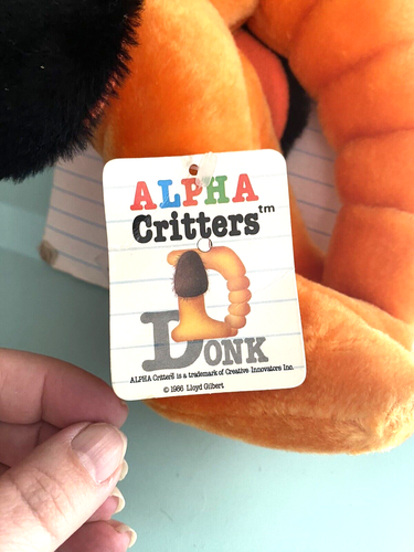 Vintage Alpha Critters Plush Letter D Donk Stuffed Toy On Card Orange Made Korea - Imagen 3 de 11