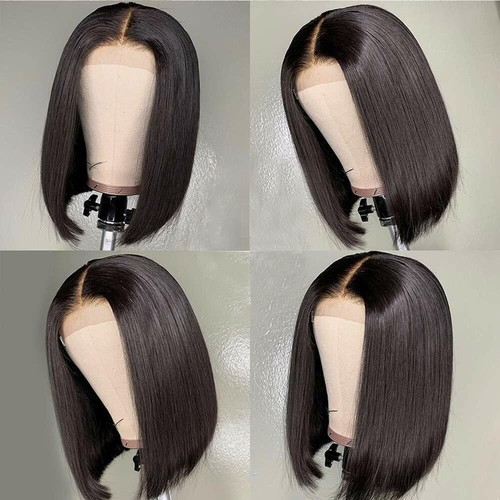 Black Straight Hair Heat Resistant Short Bob Glueless Synthetic Lace Front Wigs - Picture 6 of 13