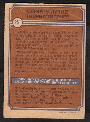 1974-75 Bernie Parent O-Pee-Chee Hockey Conn Smythe Flyers #251 - Picture 2 of 2