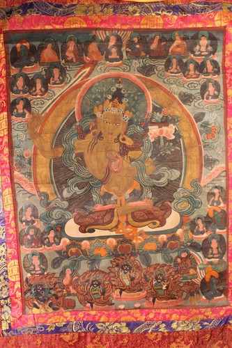 Vintage Manjushri Thanka Detailed 26"x20" Brocaded 41"x31" Buddhist Art