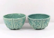 (2) Vintage McCoy Unmarked Pottery Ivy Turquoise Basket Planters 3 Footed