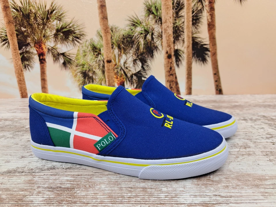 Polo Ralph Lauren RL-93 Azul Blanco Zapatos Sin Cordones de Lona Niños Grandes Niños Talla 3 NUEVO  Foto 2 de 4