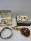 Vintage Lot Costume Jewelry Earrings Bracelet Ring Lapel Pin Brooch Gold Tone