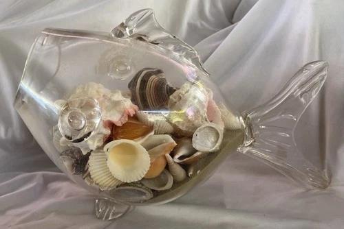 Blenko Style Art Glass Fish Shaped Bowl Vase Terrarium 14" Clear (Read)