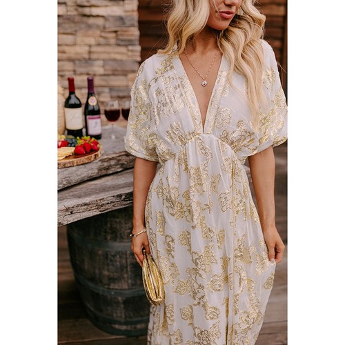 En Crème Cream Metallic Floral Jacquard Overlay Maxi Dress small nwt - Picture 3 of 11