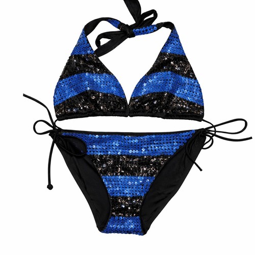 VTG VICTORIA'S SECRET Y2K Bikini Set Triangle Blue Sequin Nautical Striped M - Image 1