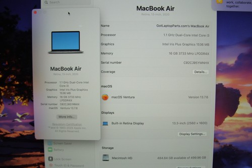Apple MacBook Air 13" A2179 2020 i3-1000NG4 1,1 GHz 16 GB 512 GB OS Ventura MWTJ2LL - Imagen 16 de 21
