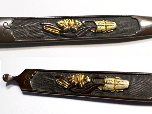 Japón Antiguo Período Edo ikebana Flores Kogai Shakudo Caja Espada Katana Armadura  - Imagen 2 de 7