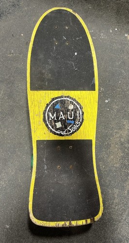 Vintage Maui & Sons Printed Yellow Kicktail Surf Machine Skateboard 30”