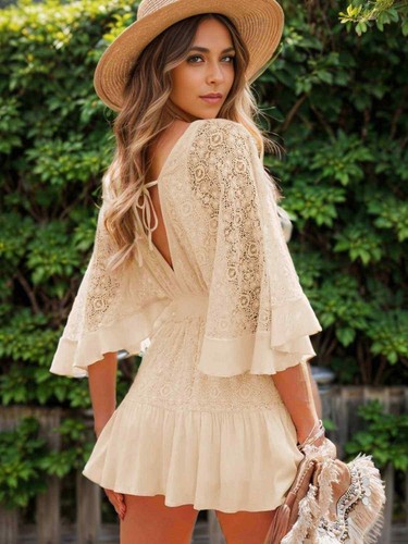 Women Ruffle Hem Lace Mini Dress with Tie Back - Picture 16 of 28