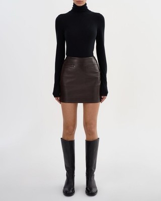 NWT Lamarque Rowan Lamb Leather Mini Skirt Dark Brown High Waist Size M 