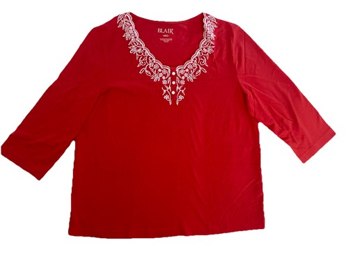 Blair Damen M Med Top Bluse T-Shirt 3/4 Arm bestickt Strick korallenrot