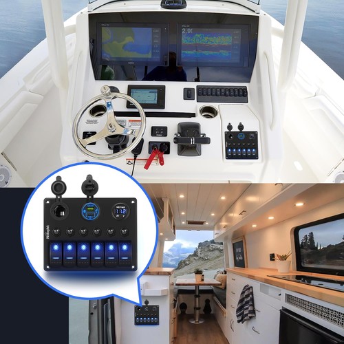 Nilight 6 Gang Rocker Switch Panel Waterproof Pre-Wired Type C + USB Blue - Bild 7 von 8
