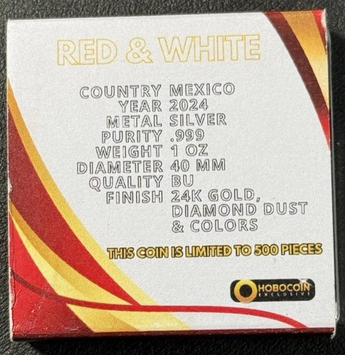 2024 1 Oz .999 Silver Mexico Mo Red & White Diamond Dust 24k Gold Coin Only 500! - Picture 5 of 5