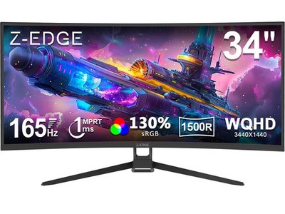 Z-EDGE 34'' UWQHD 2K 3440 x 1440 21:9 165 Hz 1 ms Curved Gaming Monitor, PBP, PIP