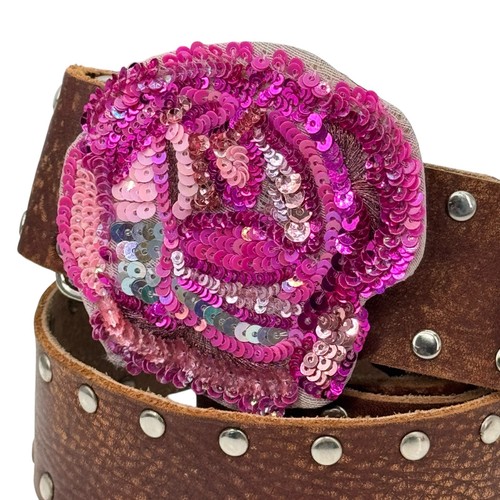 Betsey Johnson Studded Sequin Buckle Belt Leather Women’s Pink Brown Rose D Ring - Picture 6 of 12