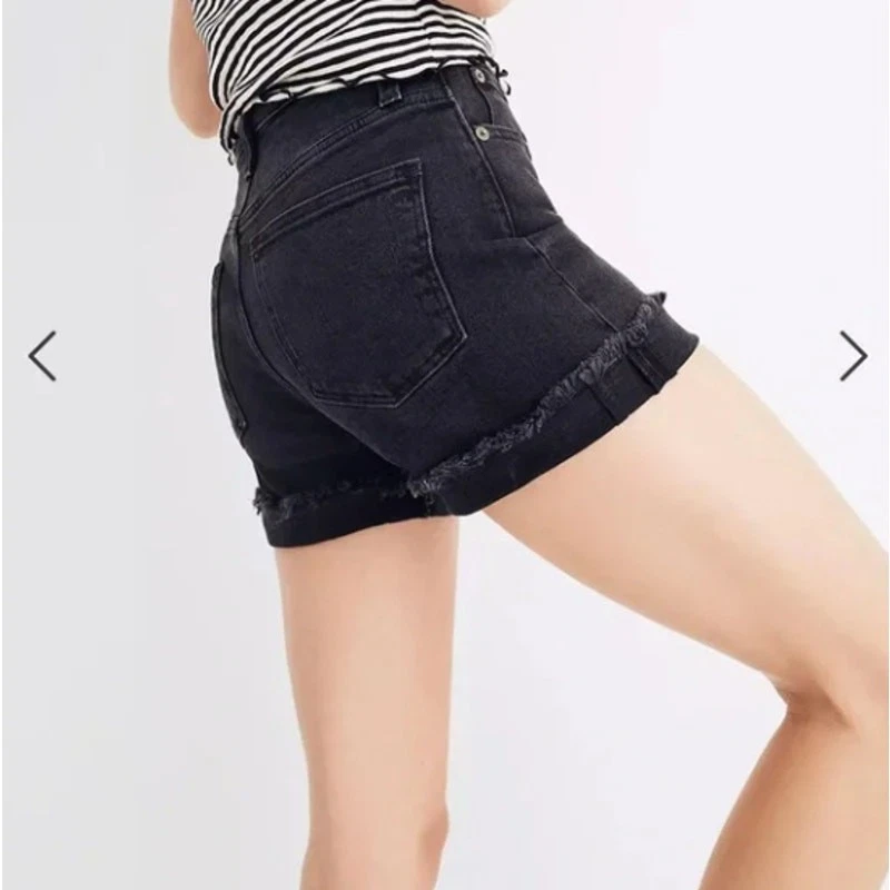 Pantalones Cortos Vaqueros Madewell Tiro Alto Negros Talla 25 G5167 Botón Frontal Mosca Foto 2 de 4