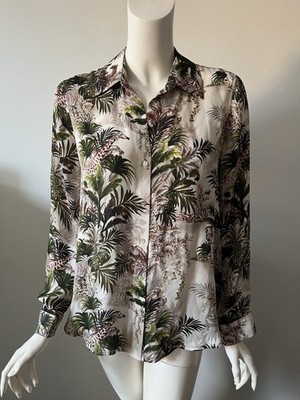 L'Agence Green Brown Leaf Printed Collared Button-Up Silk Shirt Top Size 8/P