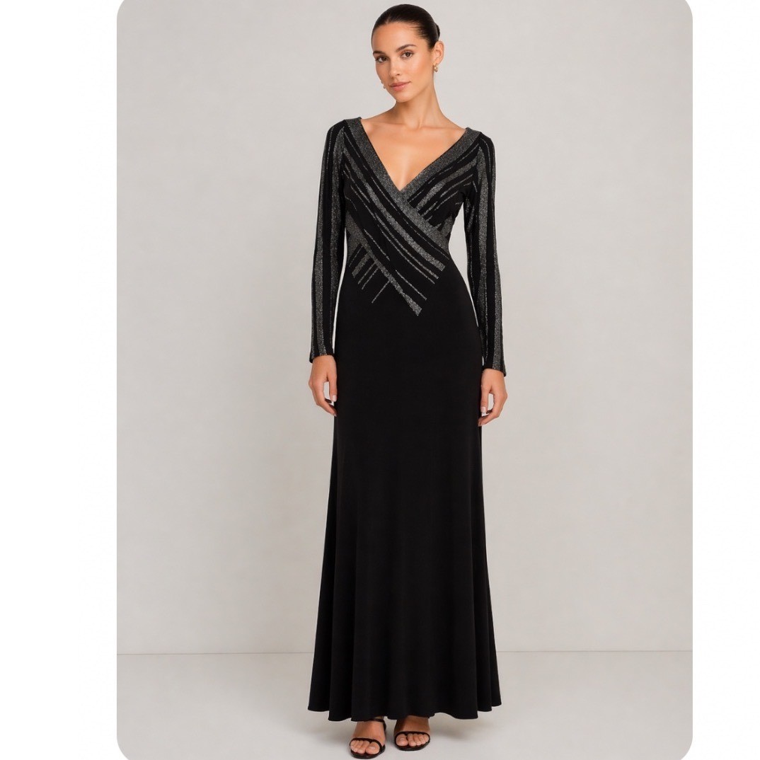 NEW VTG TADASHI Shoji Jersey Maxi Dress Gown Metallic Women Large Prom  Formal