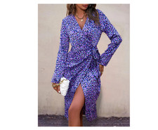 SheIn Woman's Long Sleeve Wrap Dress - Purple & Blue Abstract Print - Large