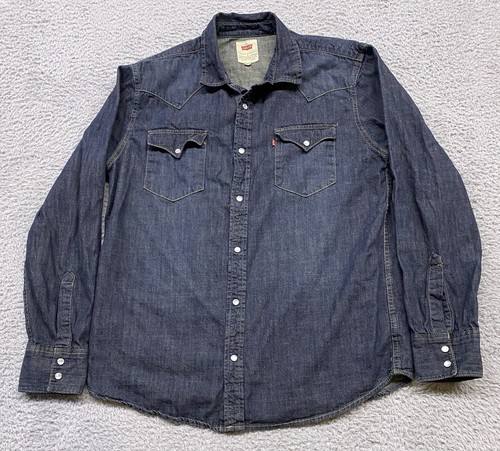 Levi's Denim Shirt Men's Large Dark Blue Wash Western Pearl Snap Long Sleeve