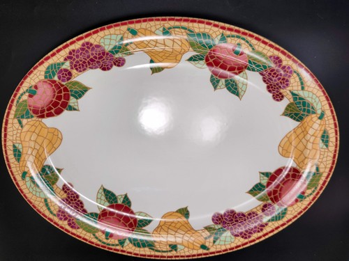Pier 1 Mosaic Fruit Oval Platter 17in Stoneware Apples Pears Grapes Serving - Picture 10 of 13
