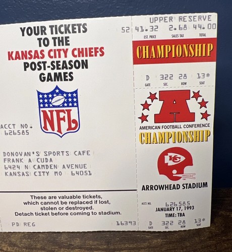Kansas City Chiefs Unused Full Ticket Stub 1993 AFC Championship - Picture 3 of 6