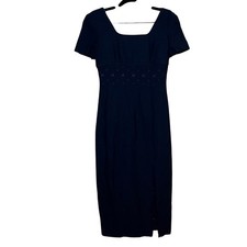 Donna Ricco Woman’s Size 4 Navy Blue Embroidered Waist Midi Dress Short Sleeve