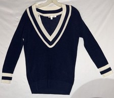 Say What? Women V-Neck Pullover Sweater XS Navy Blue White Stripe Made In USA