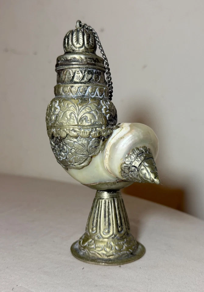 Antigua caja de tazas con tapa Nautilus montada en metal plateado Tooled anglo indio Foto 3 de 4