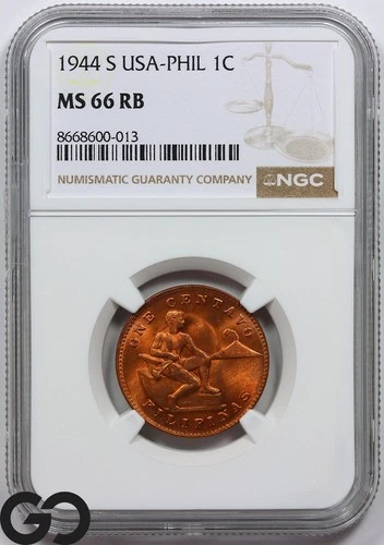 1944-S USA-Philippines One Centavo, Red Brown, NGC MS 66 RB ** Very Lustrous!