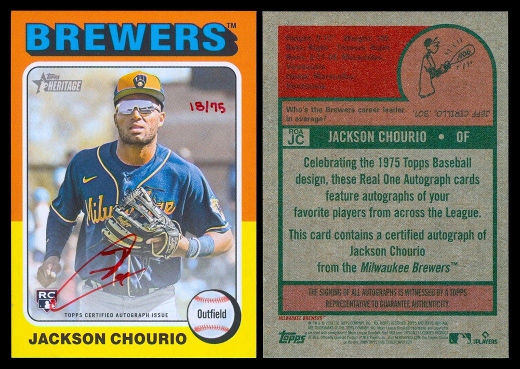 2024 TOPPS HERITAGE HIGH NUMBER JACKSON CHOURIO REAL ONE RED INK AUTO 18/75