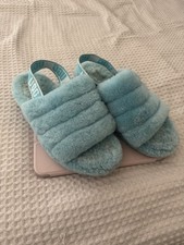 UGG Blue Shearling Slide Women's Slippers Fur Trim Slip-On Logo Accent