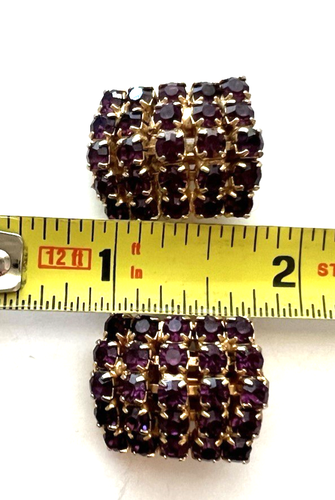 Weiss Clip On Earrings Purple Rhinestones Prong Set in Gold Tone Vintage - Picture 9 of 10