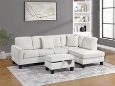 3pc Beige Corduroy Sectional Sofa Set: Chaise, Sofa & Ottoman Storage