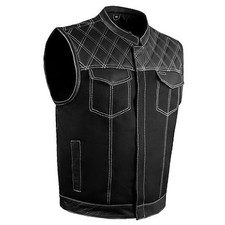 Men's SOA Denim  Leather Motorcycle Vest for 50 Black Vest With White Thread
