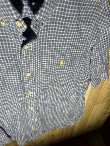 Polo Ralph Lauren Herren Large Leinen Blau Gingham Kariert Kurzarm Button Down - Bild 4 von 7