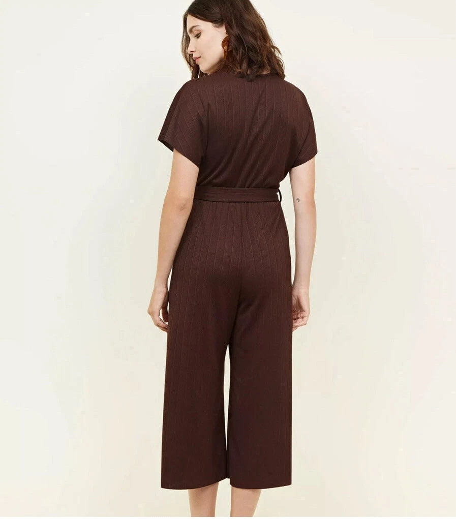 New Look Dark Brown Ribbed Faux Horn Buckle Culotte Jumpsuit Size