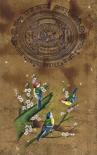 Rajasthani Gemälde von schönen Vögeln ethnische Kunst auf altem Stempelpapier 9x14 cm - Bild 3 von 6