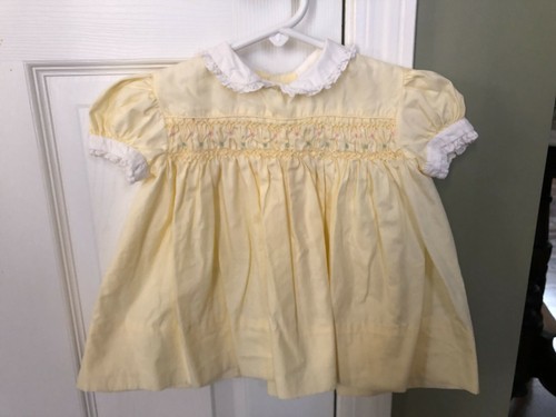 Vintage Polly Flinders Baby Kleinkind Kleid 12 Monate gelb handgesmokt Baumwolle - Bild 1 von 4