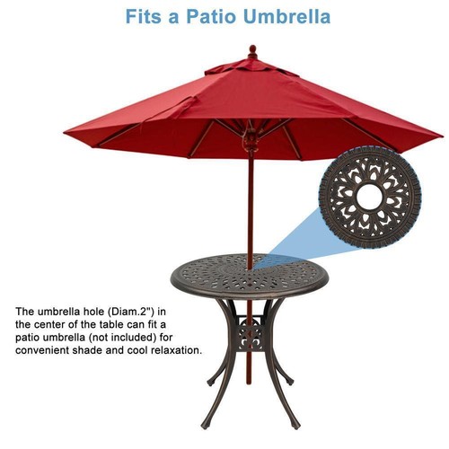31" Antique Outdoor Aluminum Round Patio Dining Bistro Table w/ Umbrella Hole - Picture 4 of 12