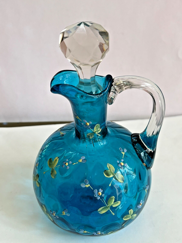Victorian Art Glass INVERTED THUMBPRINT BLUE CRUET w/Hand Painted Enamel FLOWERS