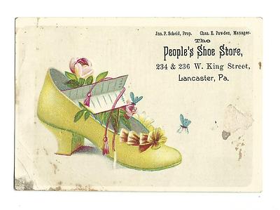 Old Trade Card People's Shoe Store Lancaster PA Distance Travel