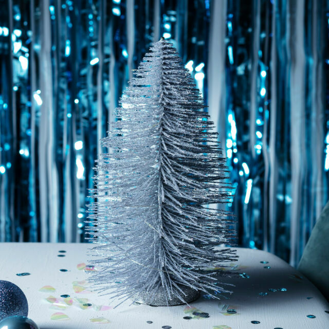 Silver Glitter Christmas Tree Table Decoration Brush Look Indoor 30cm Lights4fun