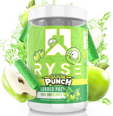 Ryse Supplements Loaded Pre Sour Green Apple 474g / 30 serv 12/25 + Samples