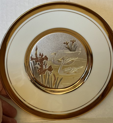 Art of Chokin 24kt Gold Trim Swans & Irises Westland Co 6 Inch Plate - Picture 3 of 6