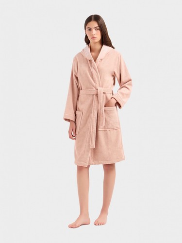 EMPORIO ARMANI women bathrobe with crossed hood S cotton terry Nude Pink 164694