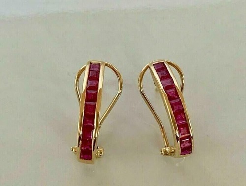 1.50Ct Princess Cut Created Red Ruby Huggie Hoop Earrings 14K Yellow Gold Plated - Picture 2 of 4
