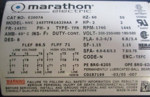 Marathon Electric E2007A Electric Motor 145TTFR16329 3PH 2HP 7/8" Shaft Dia NOS - Picture 3 of 10